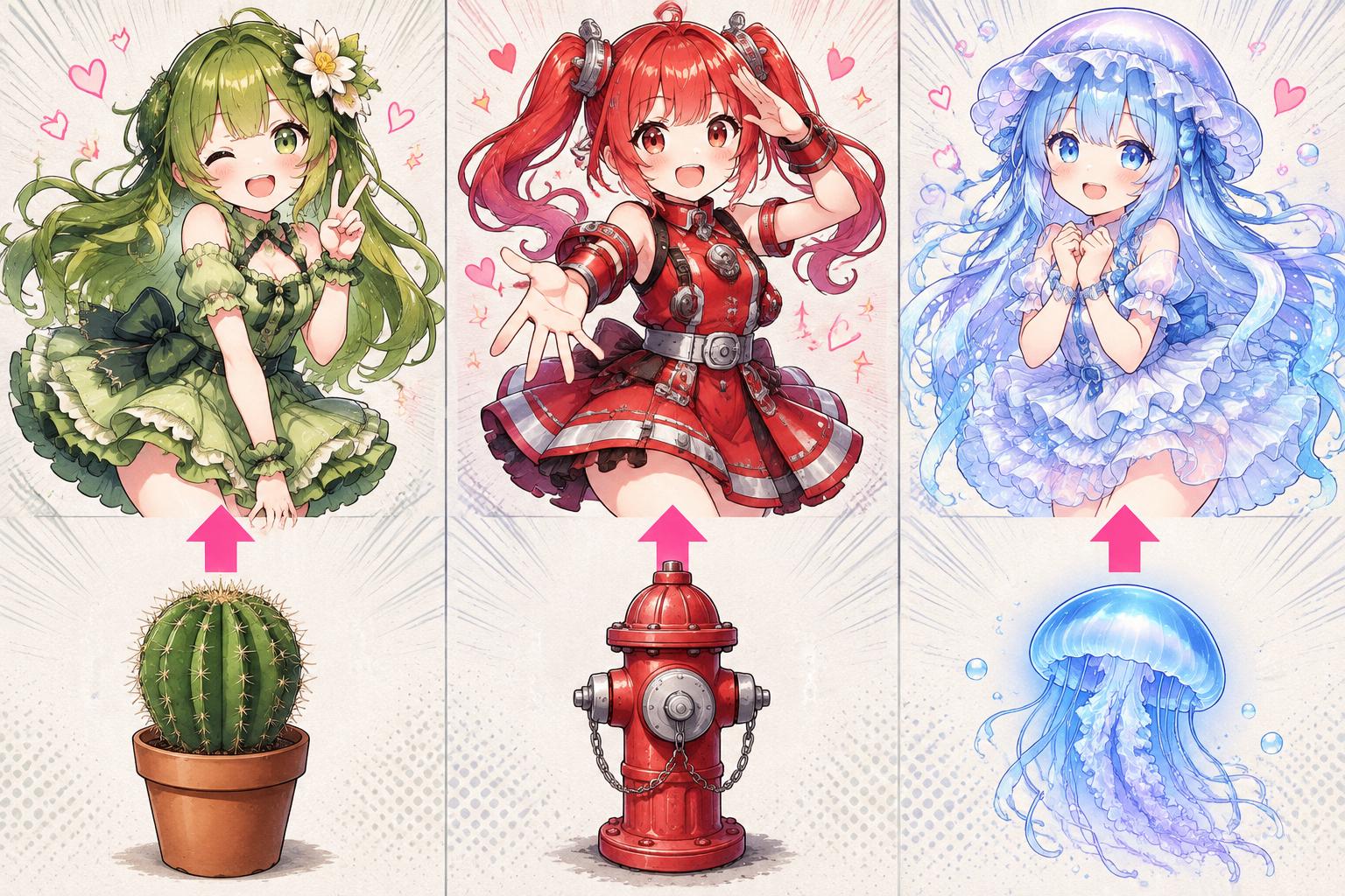 a cactus, a fire hydrant and a jellyfish, each with a pink arrow pointing up to its cute anime girl version